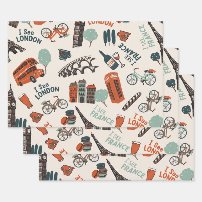 Feuille De Papier Cadeau Cool et Funky "I See London, I See France" Motif (Lot)