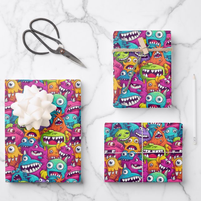 Feuille De Papier Cadeau Cool monstre fête enfants unisex (Recto)