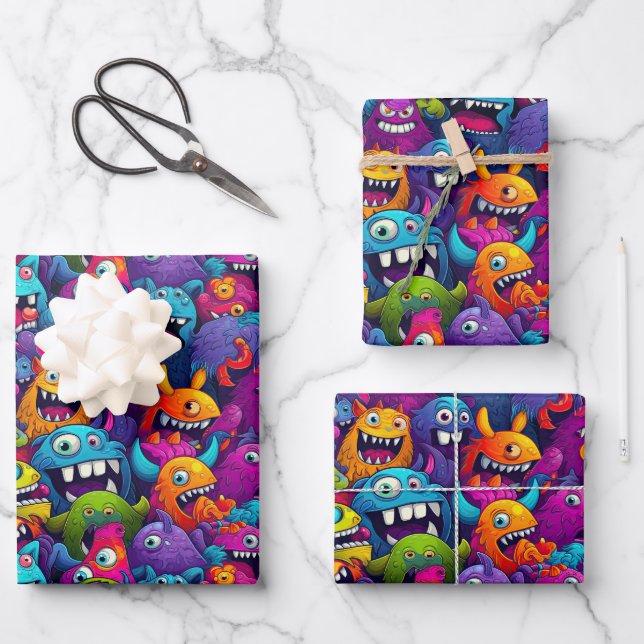 Feuille De Papier Cadeau Cool monstre fête enfants unisex (Recto)