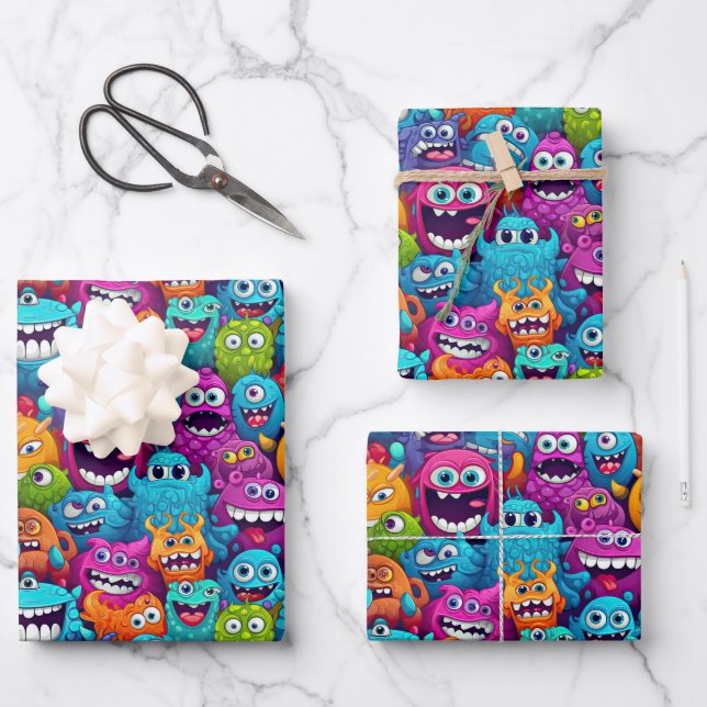 Feuille De Papier Cadeau Cool monstre fête enfants unisex (Recto)