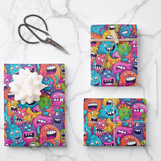 Feuille De Papier Cadeau Cool monstre fête enfants unisex (Recto)