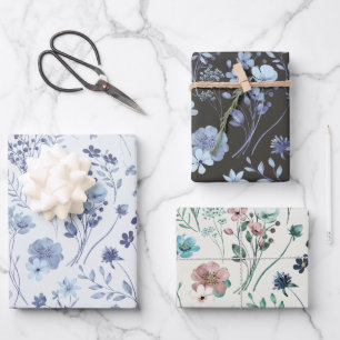 Feuille De Papier Cadeau Cool Pastel Bleu & Crème Fleurs d'Aquarelle Rustiq