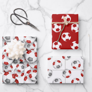 Feuille De Papier Cadeau coordination sport set rouge gris ballons de footb