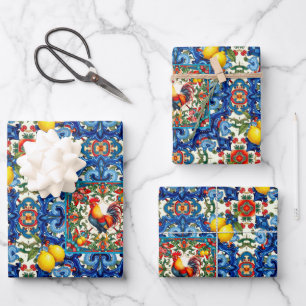Feuille De Papier Cadeau Coq coloré, Méditerranée, mosaïque, citron,