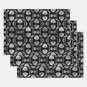 Feuille De Papier Cadeau Coques Art Déco Argent sur Noir