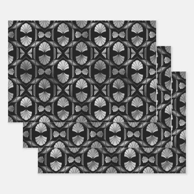 Feuille De Papier Cadeau Coques Art Déco Argent sur Noir (Lot)