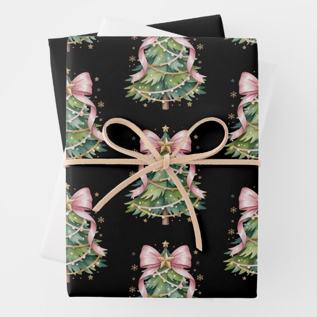 Feuille De Papier Cadeau Coquette Bow Noël Arbre Fête Fille mignonne (En situation)