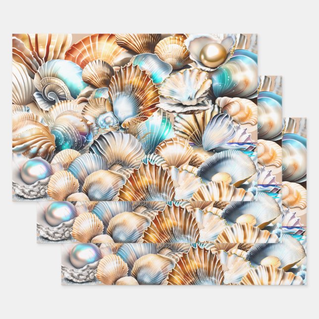 Feuille De Papier Cadeau Coquillages collage iridescente shimmer plage moti (Lot)