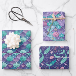 Feuille De Papier Cadeau Coquillages en rose et bleu