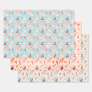 Feuille De Papier Cadeau Coquillages et cônes ensemble de 3