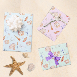Feuille De Papier Cadeau Coquillages Et Motif De Corail Aquarelle