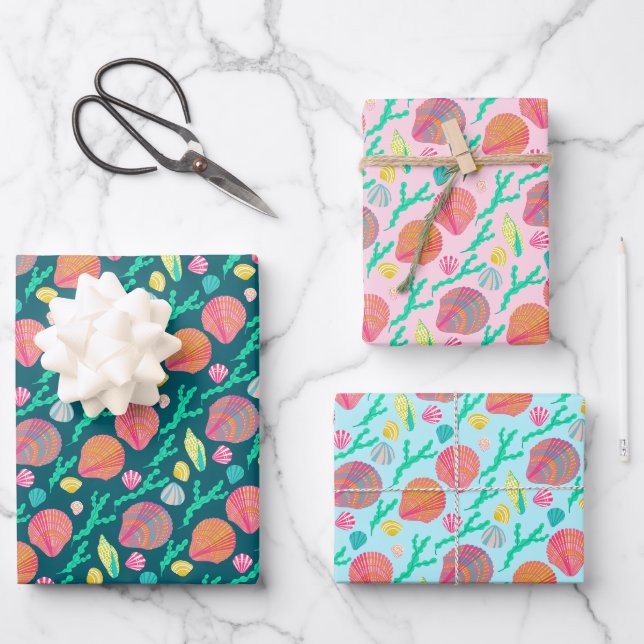 Feuille De Papier Cadeau Coquillages et Motifs d'algues (Recto)