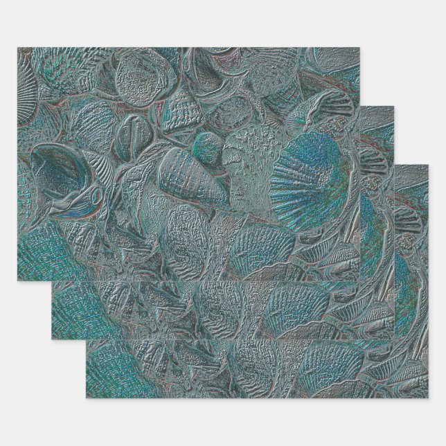 Feuille De Papier Cadeau Coquillages Ocean Beach Gris Turquoise Métal (Lot)