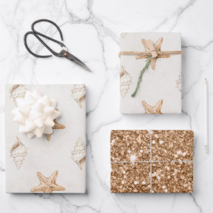 Feuille De Papier Cadeau Coquilles d'étoiles de mer crème Mariage sur la pl