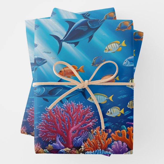 Feuille De Papier Cadeau Corail Reef et poissons tropicaux Océan Marine Lif (En situation)