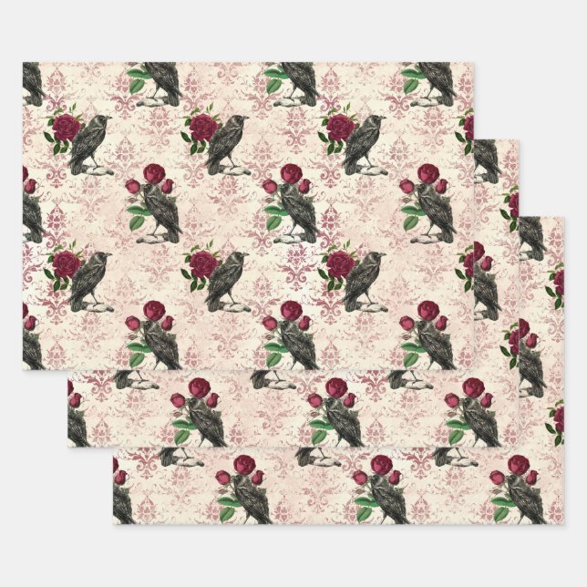 Feuille De Papier Cadeau Corbeau et Damas Rose (Lot)
