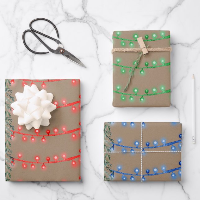 Feuille De Papier Cadeau Corde de Noël Kraft rustique Rouge Vert clair Bleu (Recto)