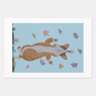 Feuille De Papier Cadeau Corgi gallois dansant avec des papillons