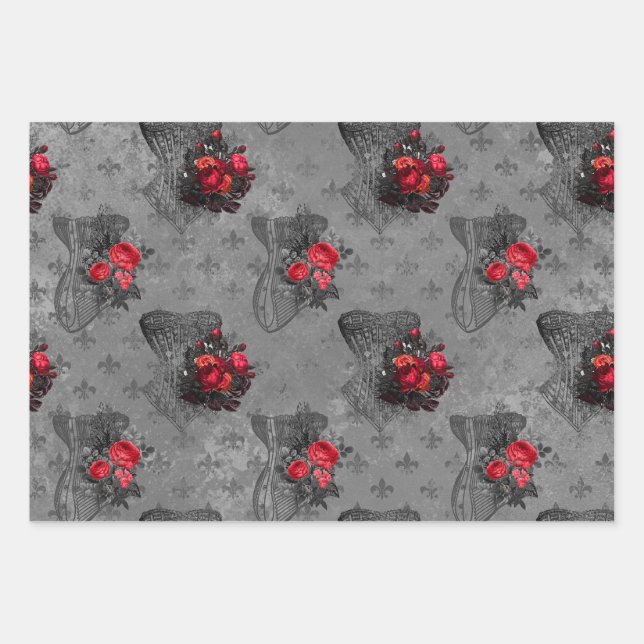 Feuille De Papier Cadeau Corset et Rose rouge (Devant)