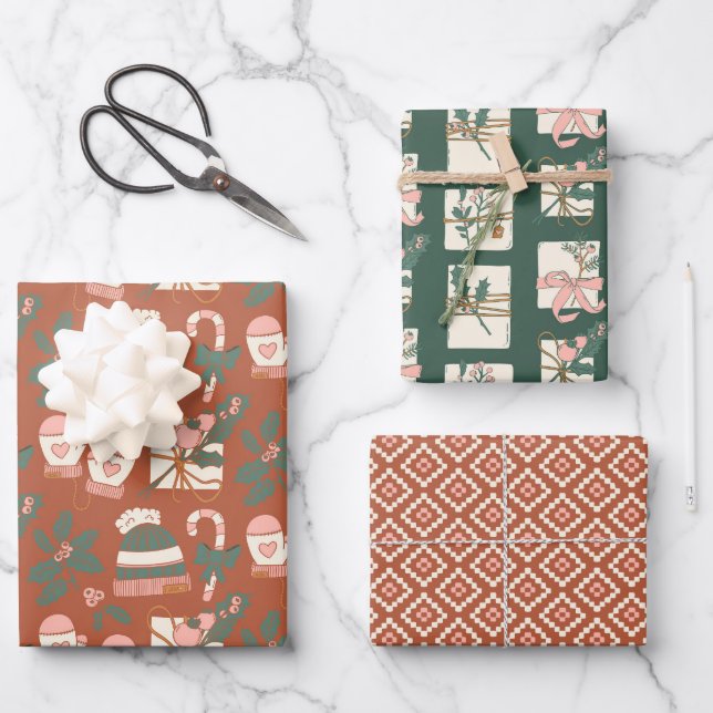 Feuille De Papier Cadeau Cosy Boho Rose, Vert & Clay (Recto)
