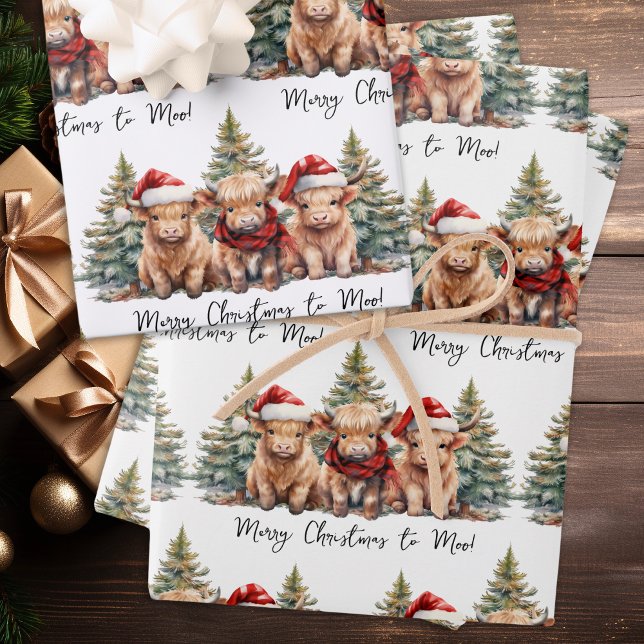 Feuille De Papier Cadeau Cosy Highland Vache ferme animal Joyeux Noël (Créateur téléchargé)