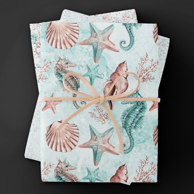 Feuille De Papier Cadeau Côte Chic | Motif Pastel Turquoise et Récif de Cor (Créateur téléchargé)