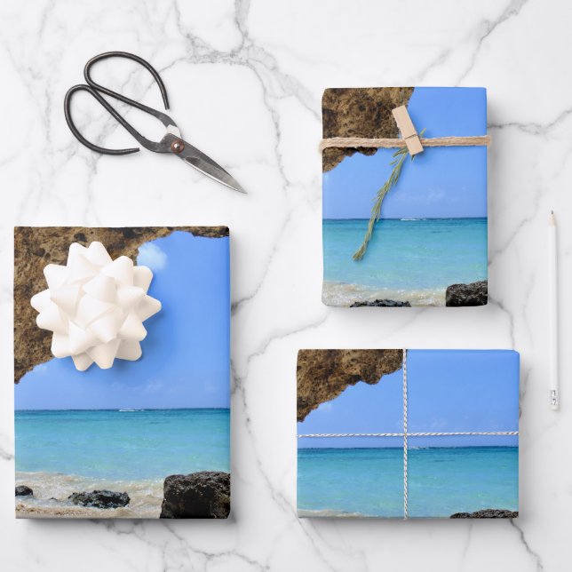 Feuille De Papier Cadeau Côte tropicale de plage avec un Big Rock (Recto)