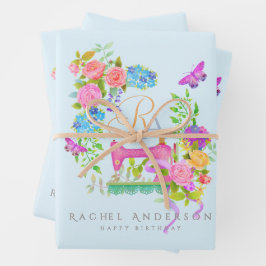 Feuille De Papier Cadeau Coudre Ruban Floral Monogramme bleu