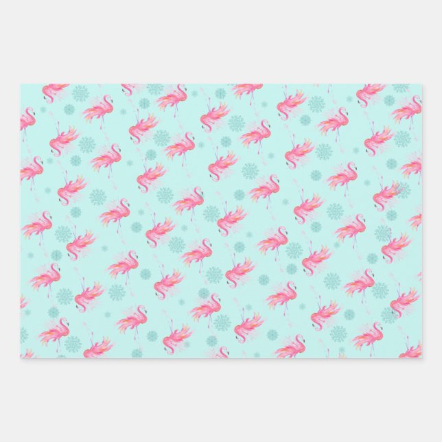 Feuille De Papier Cadeau Couleur d'aquarelle rose Flamingo de Noël (Devant)