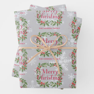 Feuille De Papier Cadeau Couronne de houx élégante Joyeux Noël