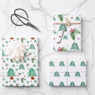 Feuille De Papier Cadeau Couronne de pin aquarelle et baies rouges