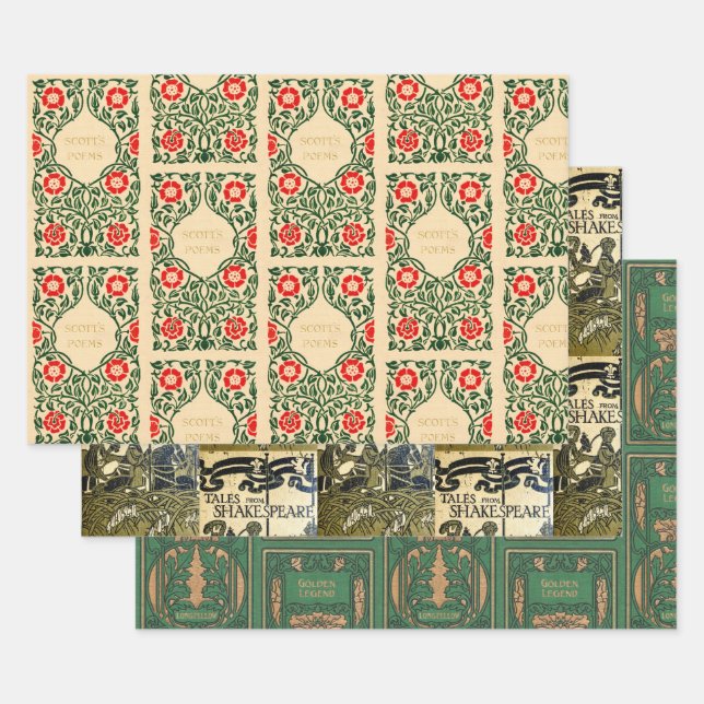 Feuille De Papier Cadeau Couvertures de livres anciens (beige et vert) (Lot)