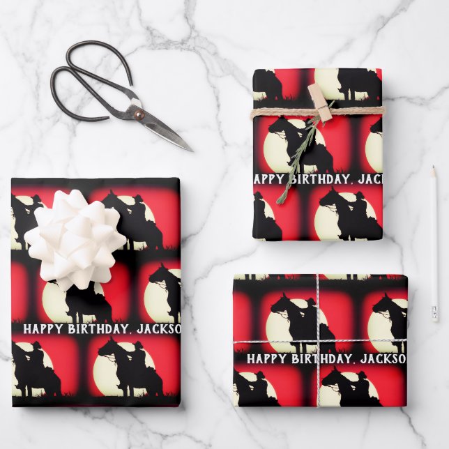 Feuille De Papier Cadeau Cowboy à cheval rouge et noir (Recto)