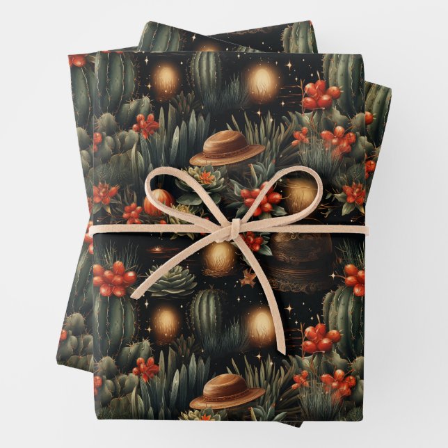 Feuille De Papier Cadeau Cowboy Cactus Moody de Noël occidental (En situation)