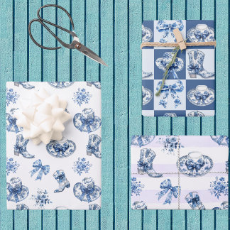 Feuille De Papier Cadeau Cowgirl Bleu Blanc Toile Chinoiserie Maison de Fer
