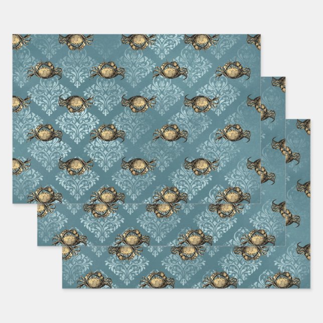Feuille De Papier Cadeau Crabes jaunes et Damas bleus (Lot)