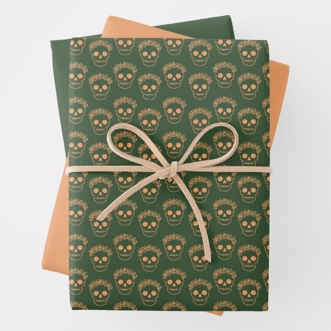 Feuille De Papier Cadeau Crâne avec couronne de fleurs (En situation)