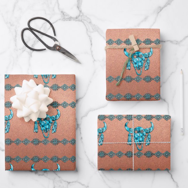 Feuille De Papier Cadeau Crâne de buffle cérémoniel Turquoise (Recto)