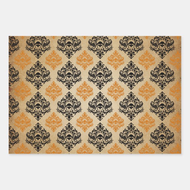 Feuille De Papier Cadeau Crâne de Damas orange et noir (Devant)