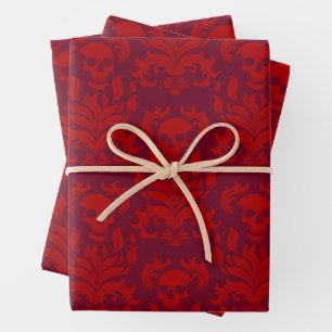Feuille De Papier Cadeau Crâne flamme Damas en moody rouge sur rouge