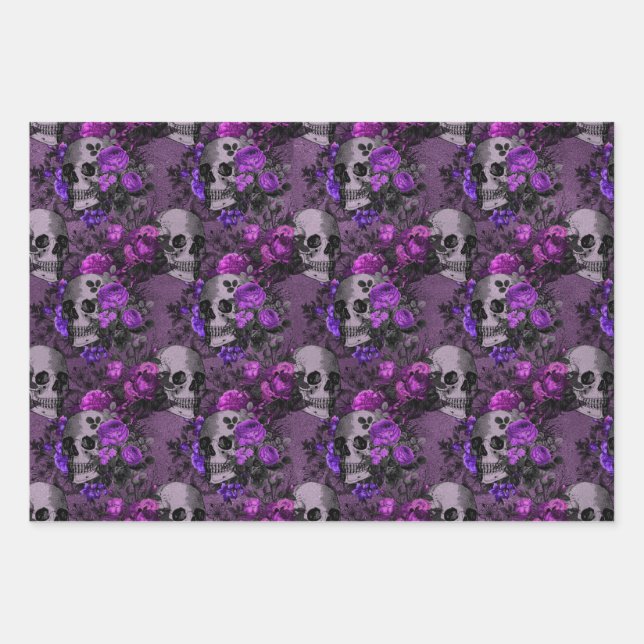 Feuille De Papier Cadeau Crâne floral pourpre (Devant)