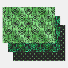 Feuille De Papier Cadeau Crâne Vert Motif de Damas d'Halloween