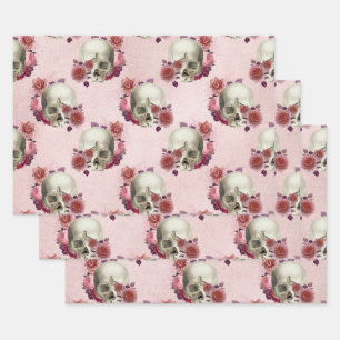 Feuille De Papier Cadeau Crânes blanches et fleurs roses