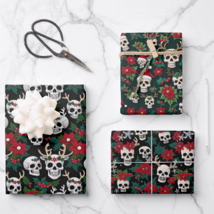 Feuille De Papier Cadeau Crânes de Noël Crochet avec Poinsettias