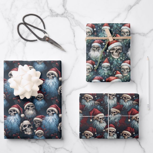 Feuille De Papier Cadeau Crânes de Noël gothiques à Santa Chaps Gothmas (Recto)