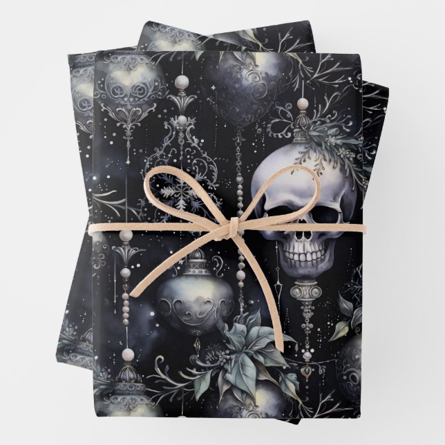 Feuille De Papier Cadeau Crânes de Noël gothiques Éffrayants (En situation)