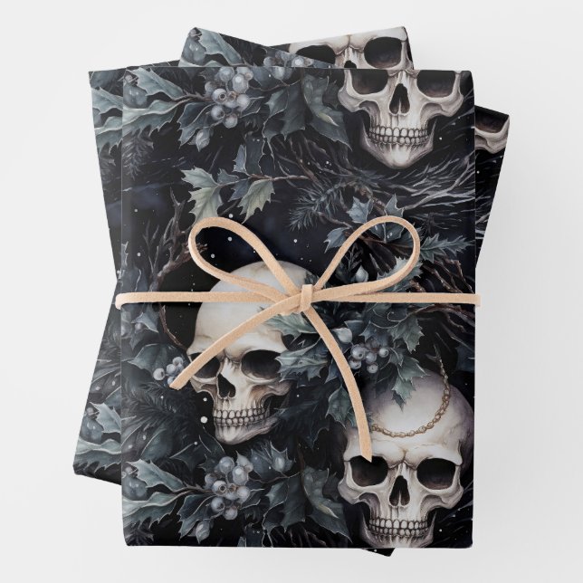 Feuille De Papier Cadeau Crânes de Noël gothiques Éffrayants (En situation)