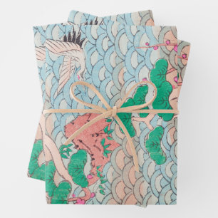 Feuille De Papier Cadeau Cranes du Japon sur Waves Vintage