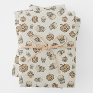 Feuille De Papier Cadeau Crânes et Citrouille Motif d'Halloween