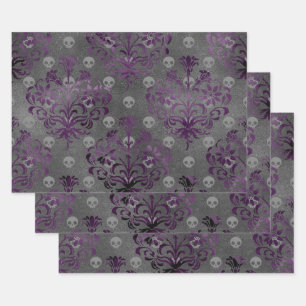 Feuille De Papier Cadeau Crânes et Damas pourpres sur gris